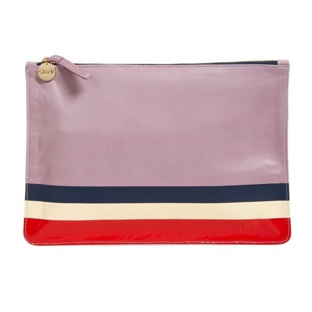 Clare V. Purple Stripe Leather Zip Margot Flat Clutch